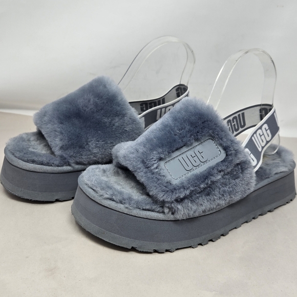 Ugg Womens Disco Slide Shoes Size 9 Gray Fluffy Sherling Back Stretch Strap - Picture 5 of 14